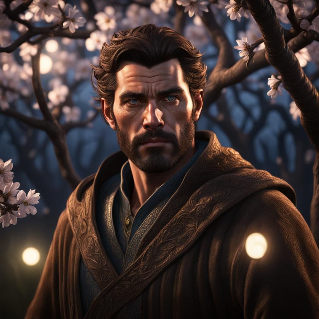 Bearded Man in Almond Grove, Hyper-Realistic Digital Art