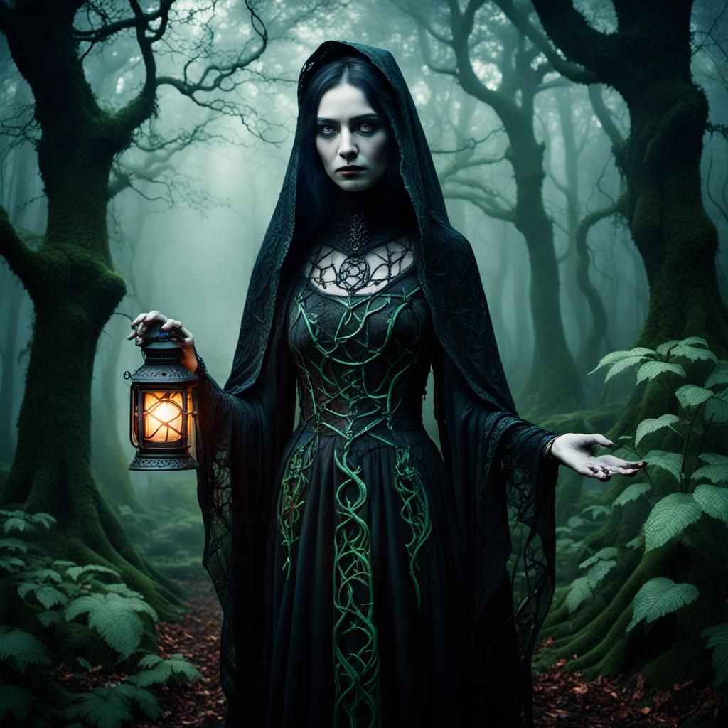 Gothic Fertility Goddess in Misty Forest