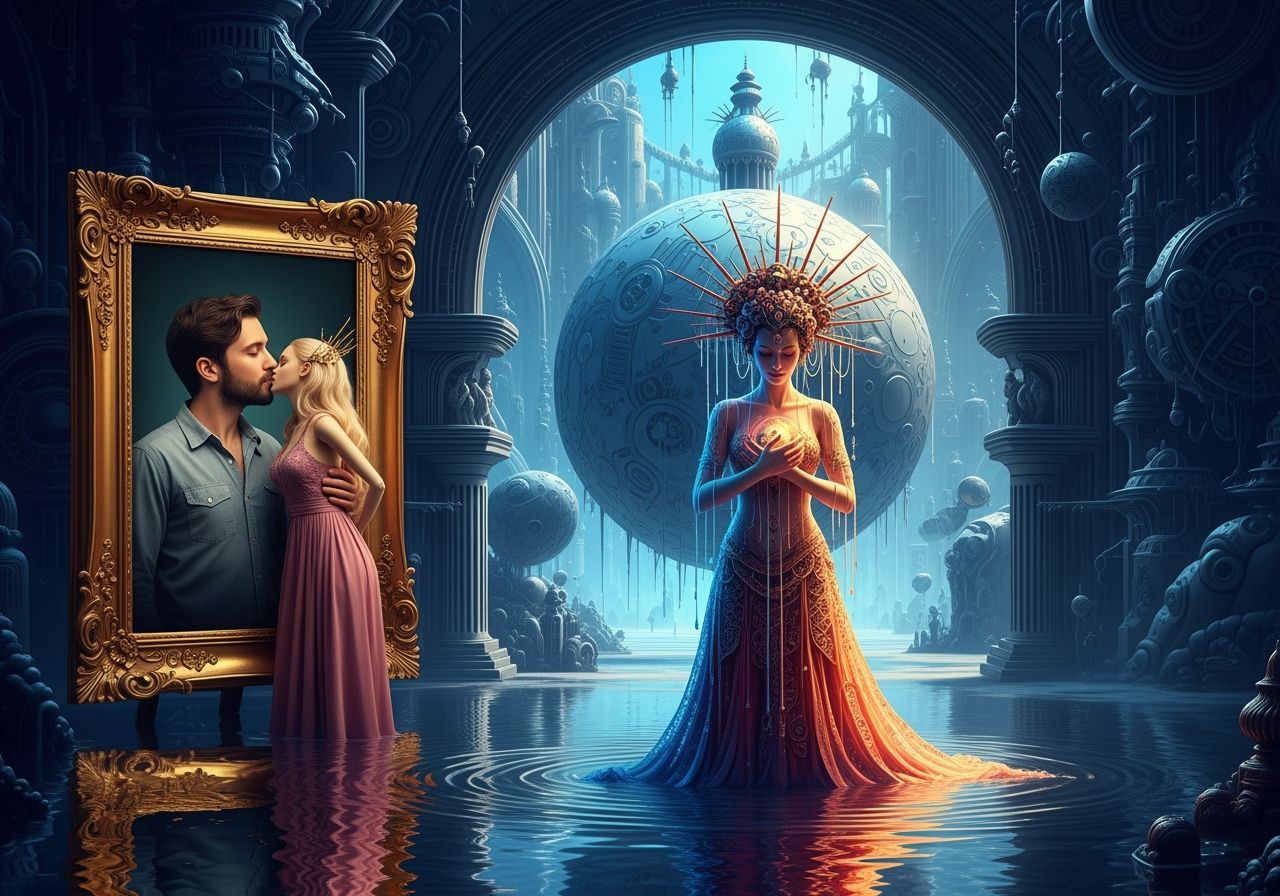 living man image in a framed painting and woman doll outside...