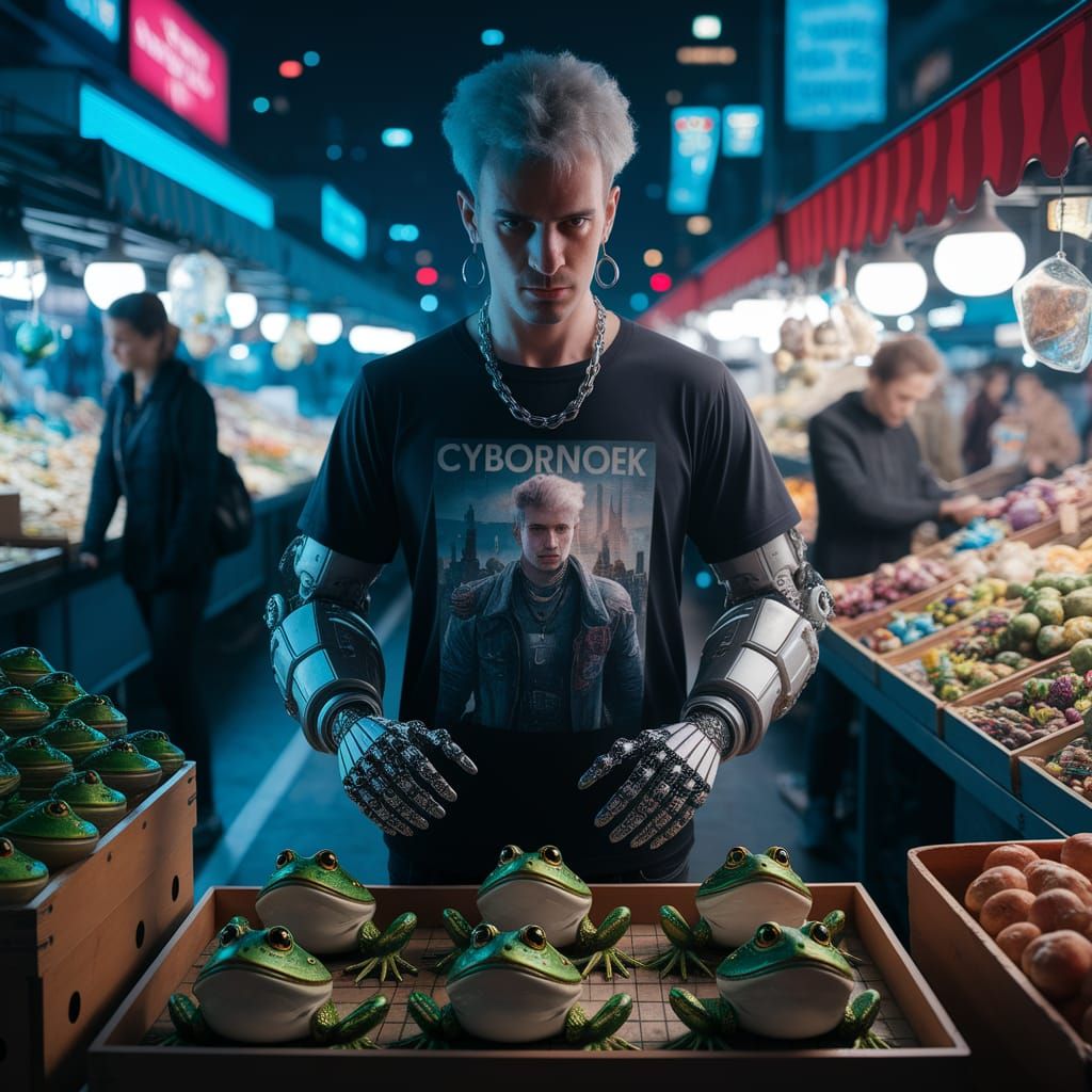 Cyberpunk Punk Selling Frogs in Night Market