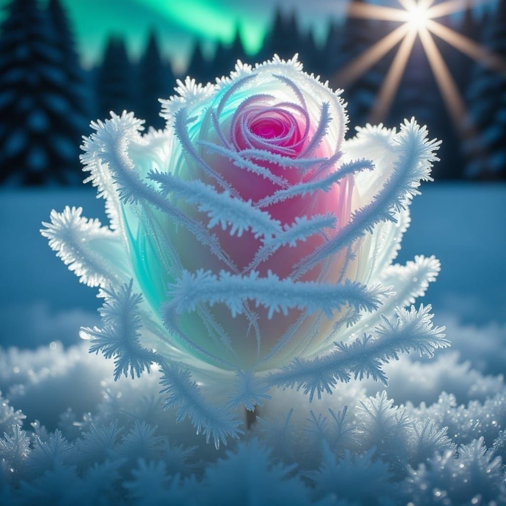 Frozen Rose Blooms Under Northern Lights