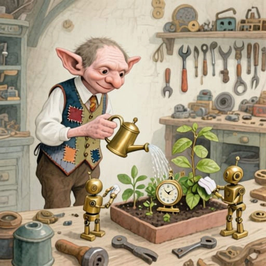 Clockwork Garden Tended by Dobby in Watercolor Style