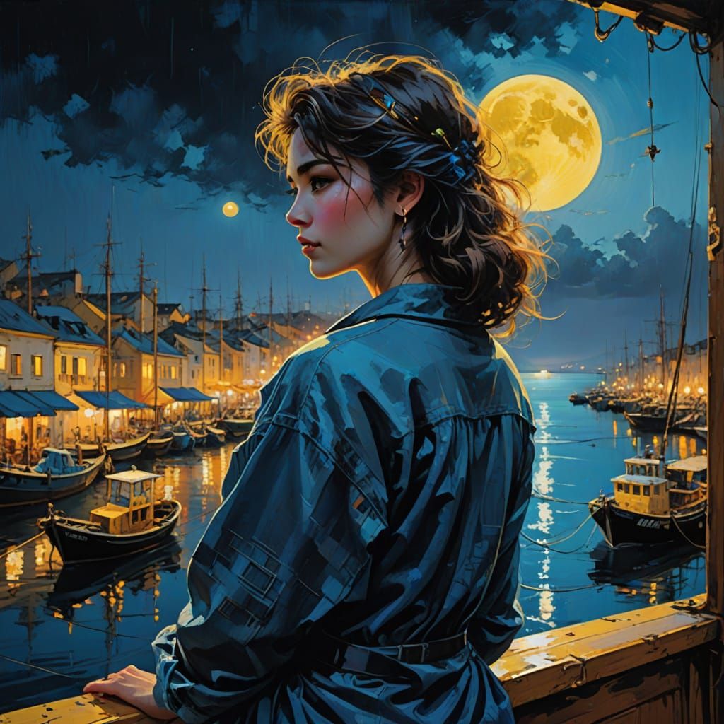 Looking out window at Vaporwave yellow moon close up fishing boat in the harbour fishing town in hues of blue and black....