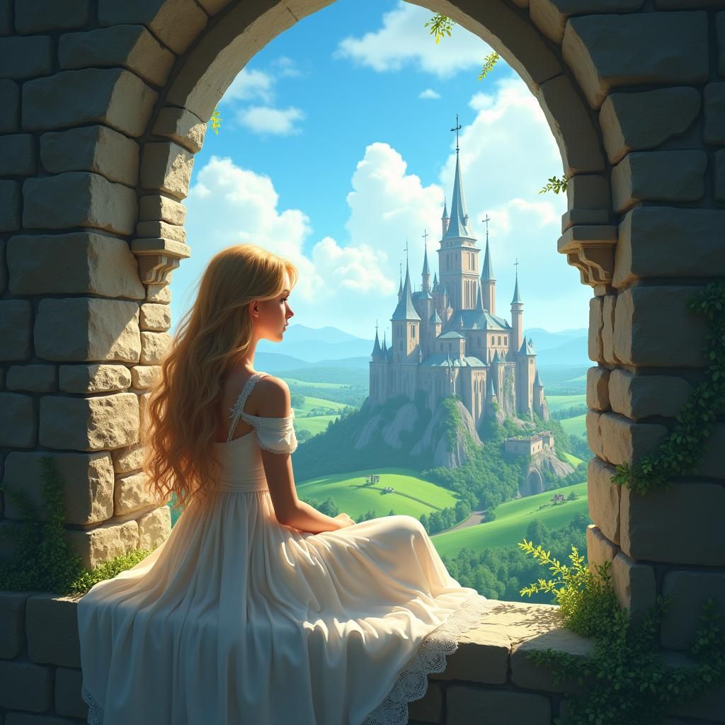 Elegant Princess Gazing from Castle Window, Fantasy Concept ...