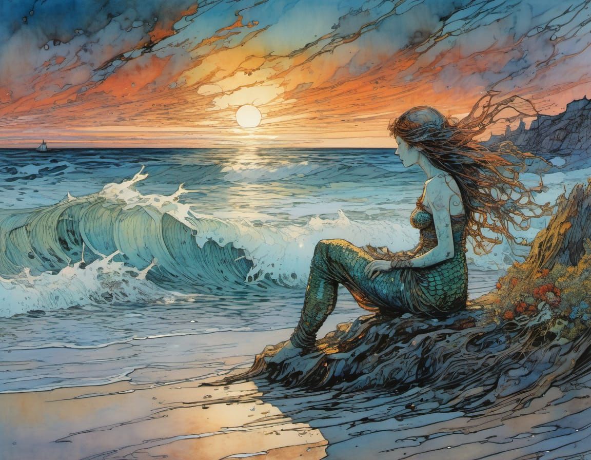 Mermaid Under Noctilucent Skies in a Dreamlike Seaside Scene