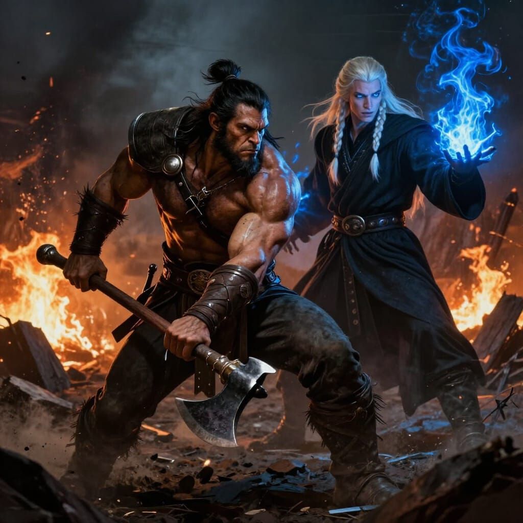 Orc Warlord Defends Wizard Casting Blue Fire