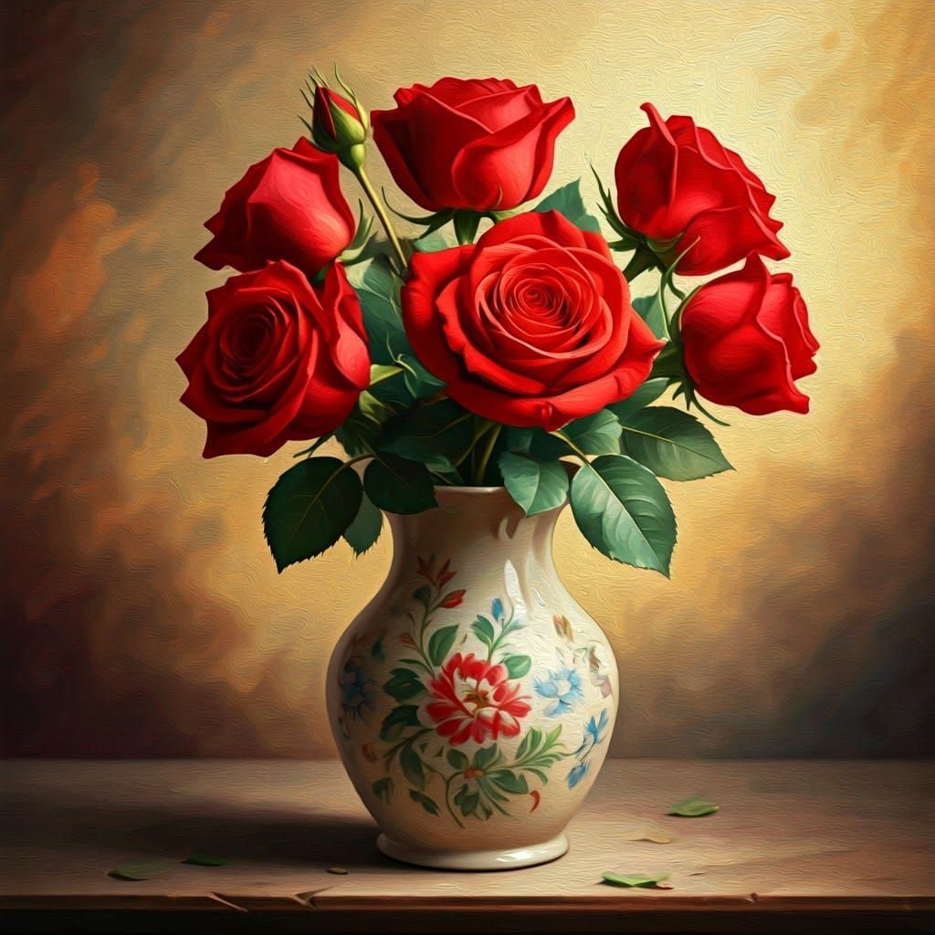 Red Roses in Vase: Impressionist Oil Painting