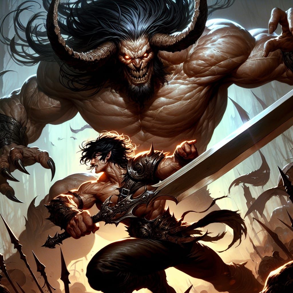 Epic Duel Between Warrior and Beast-Man on Battlefield