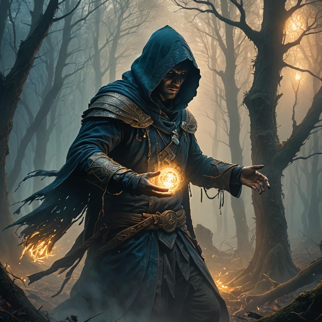 Hooded Figure Stealing Soul in Misty Forest