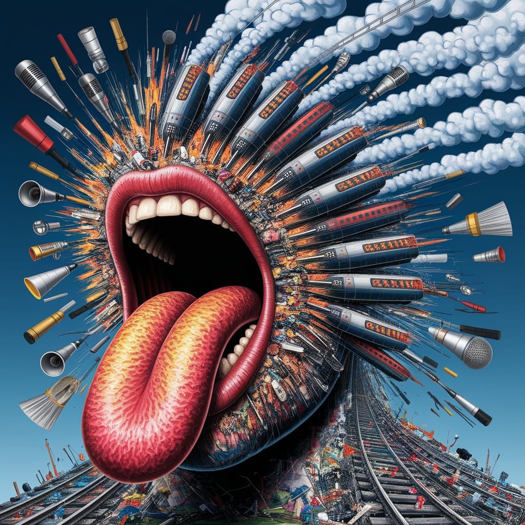 Surreal Head Eruption with Trains and Symbols