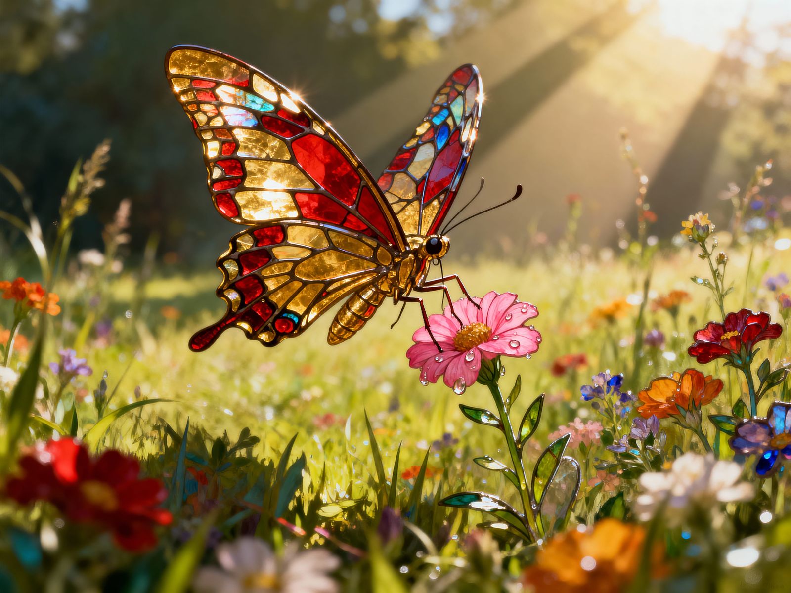 Gold and Red Butterfly with Metallic Wings Over Wildflower M...