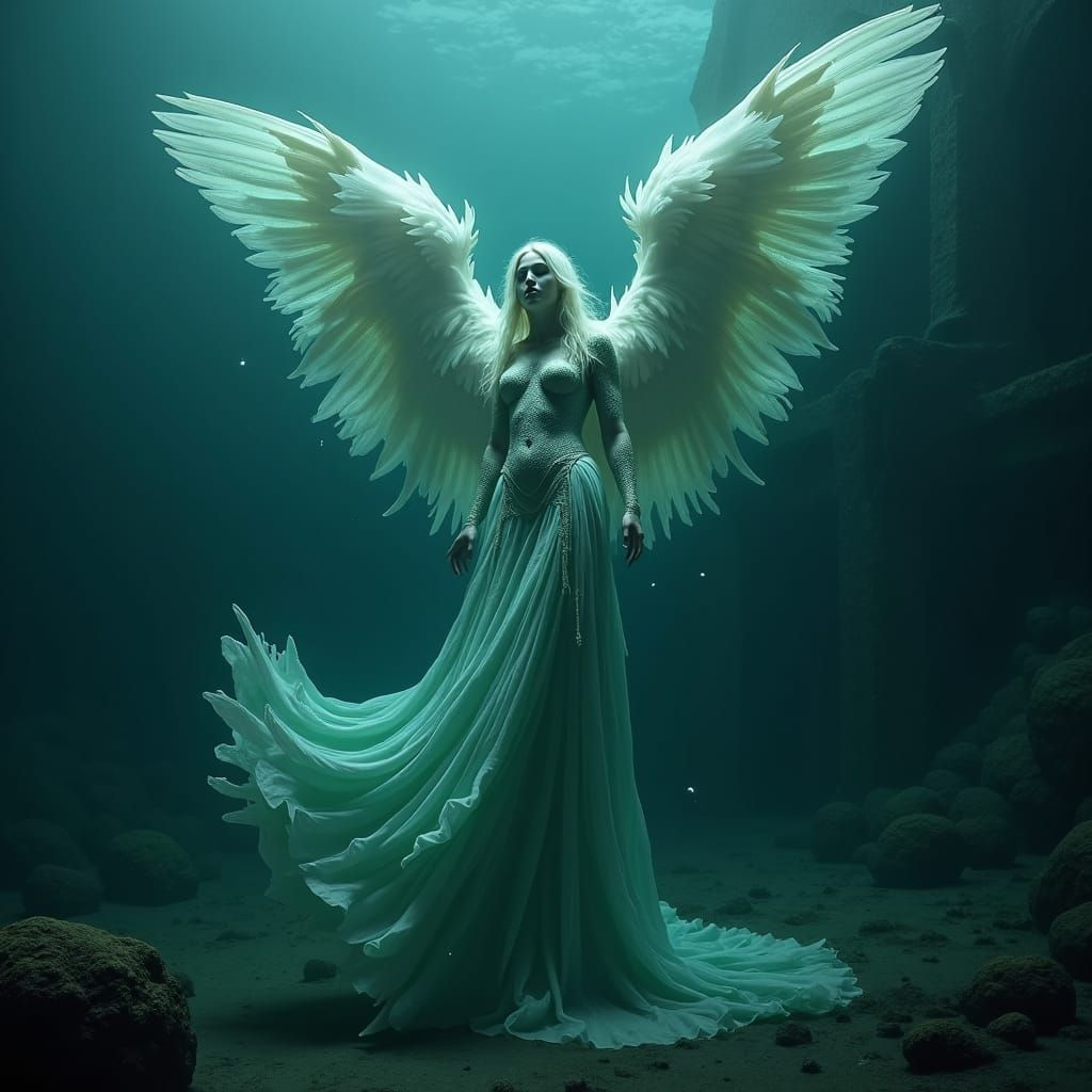 Eerie Mermaid Angel in Deep Ocean, Cinematic Still