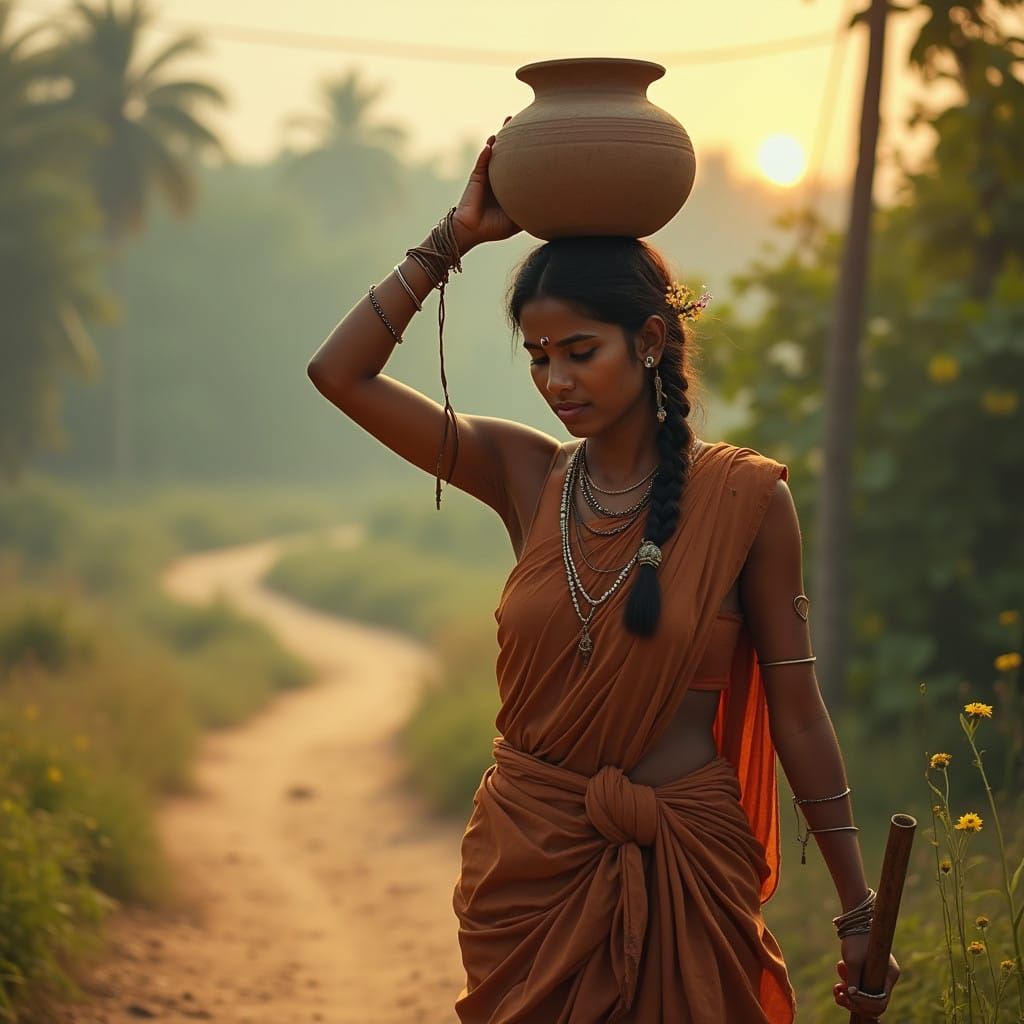 Realistic Indian Village Woman Walking Home with Clay Pot