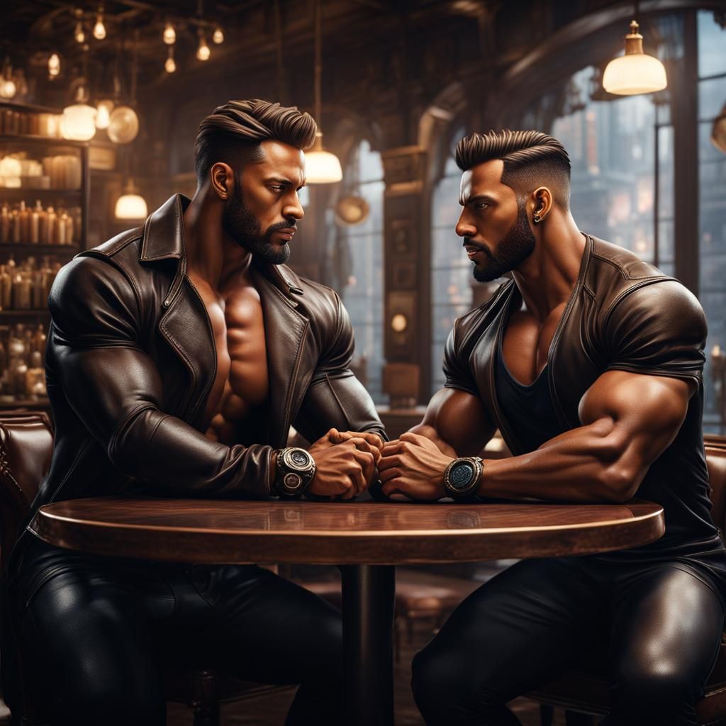 Romantic Bodybuilders in Coffee Shop: Fantasy Concept Art