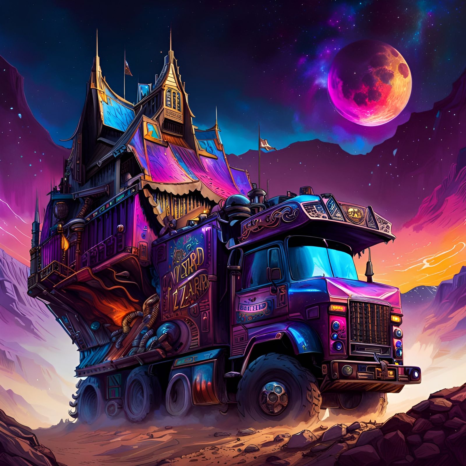 Cosmic Wizard Shop Truck on Cyberpunk Road