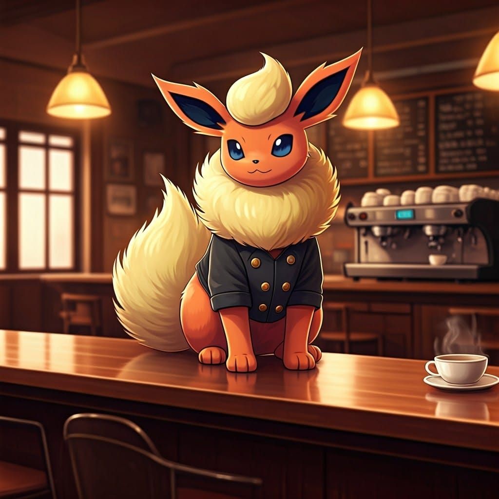 Regal Flareon in Anime-Inspired Café Setting