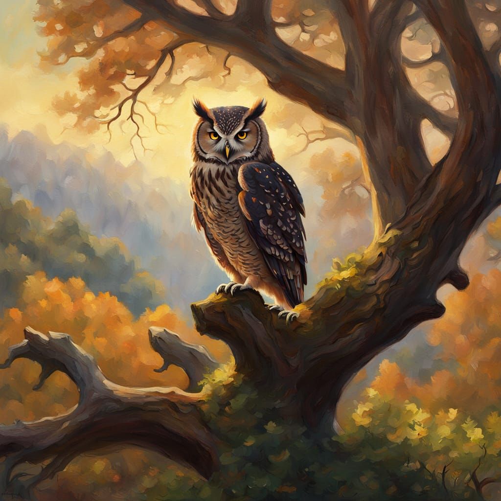 Owl Perched on Oak Tree in Bierstadt Style