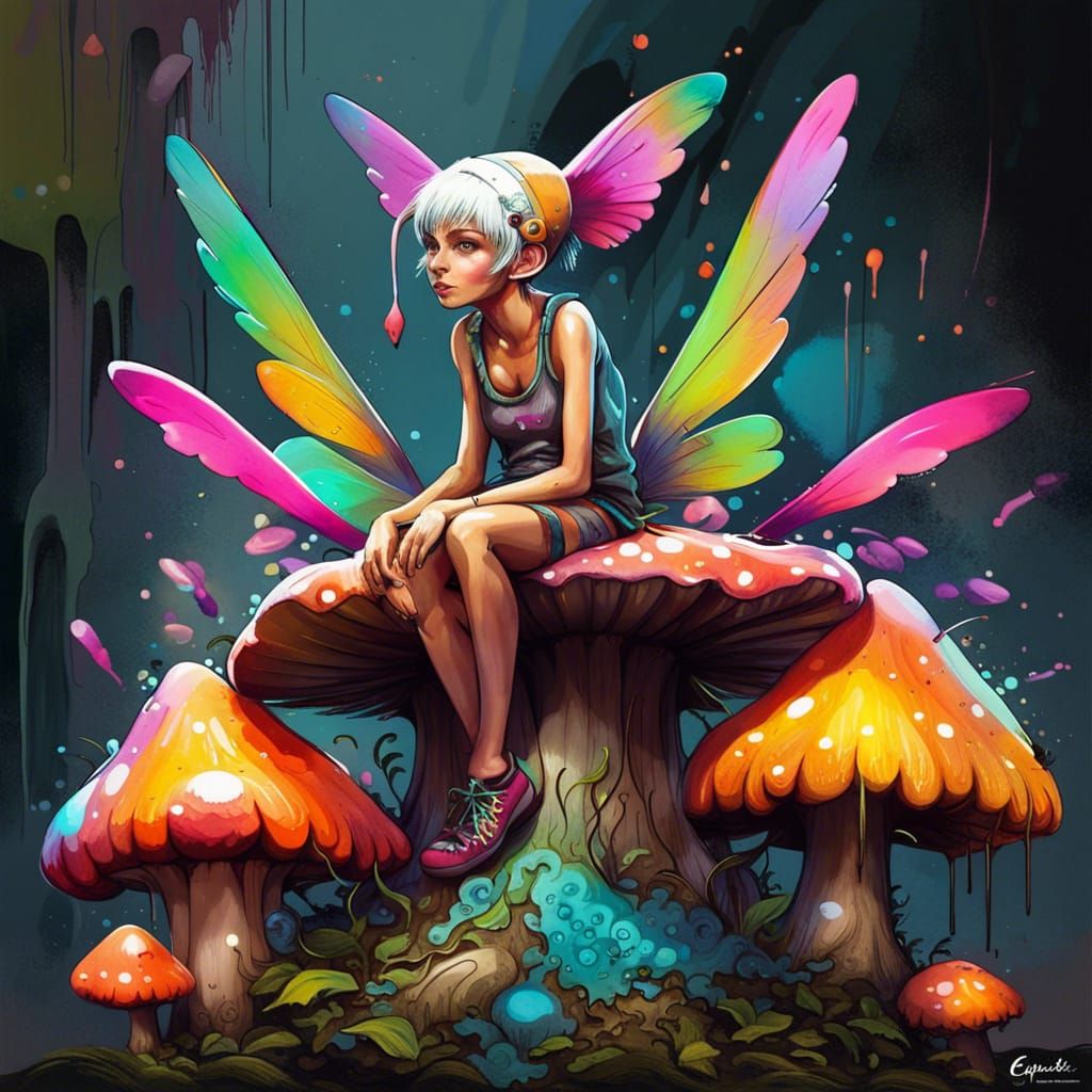 Whimsical Pixie on Mushroom in Graffiti Art Style