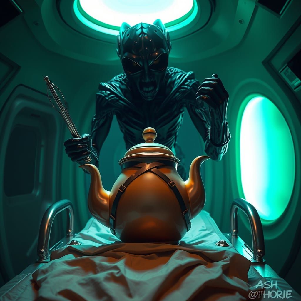 Terrified Teapot on Alien Ship in Biomechanical Style