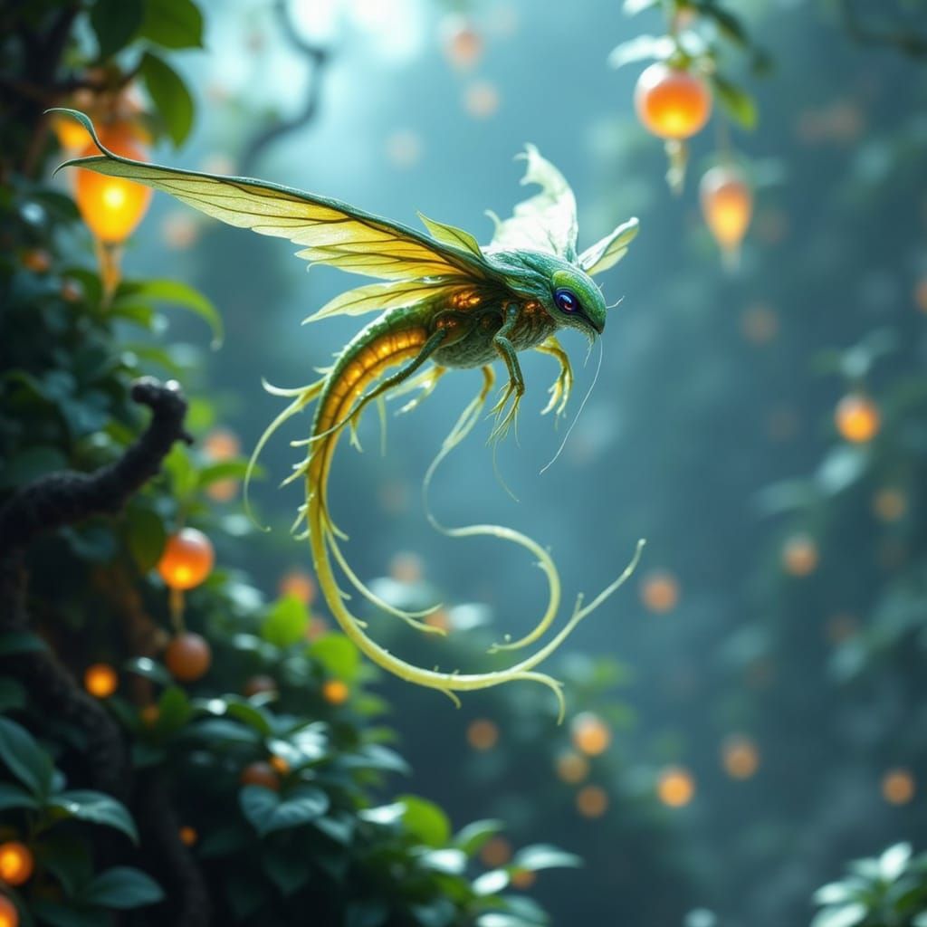 Whimsical Aerial Creatures Amidst Glowing Gardens