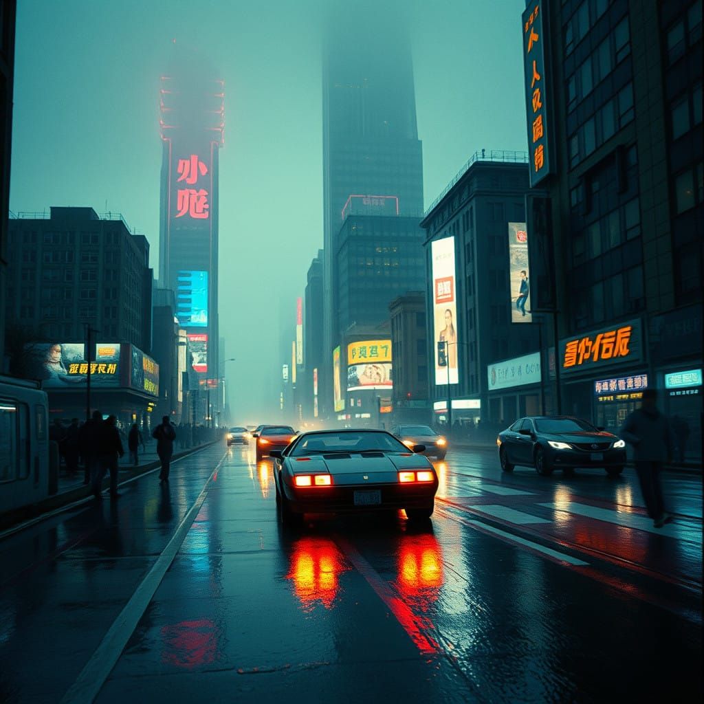 Surreal Dystopian Cityscape at Dusk in Neon Hues