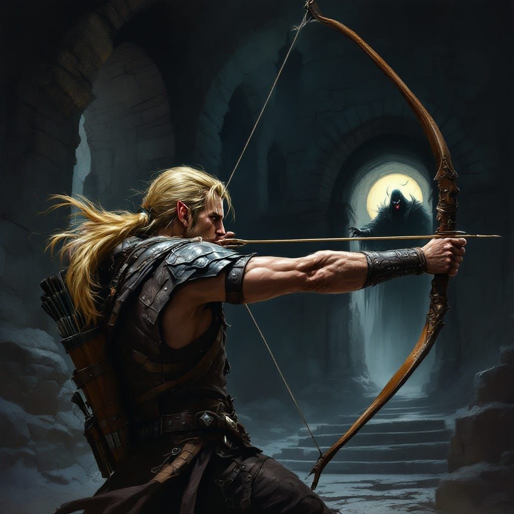 Elf Archer Takes Aim at Vampire in Haunted Castle