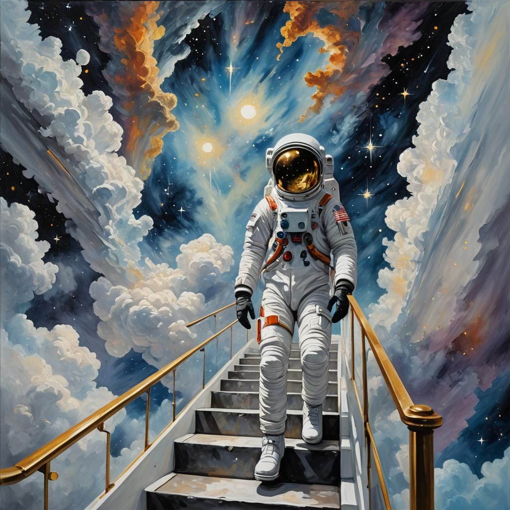 Surreal Astronaut Steps onto Infinite Staircase as Oil Paint...
