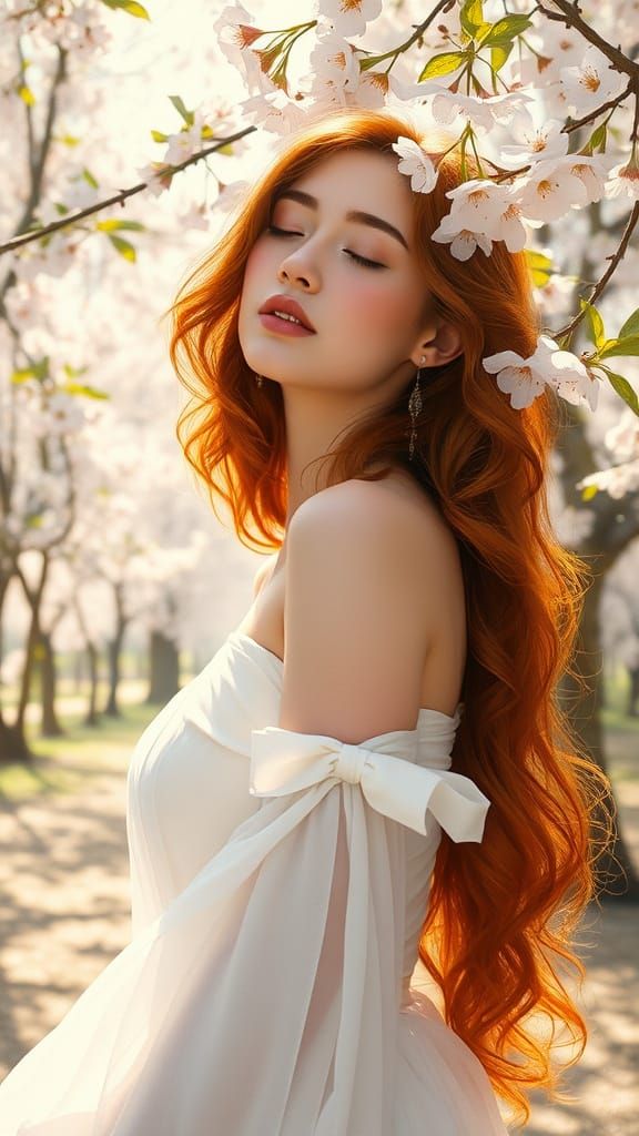 Serene Woman Among Cherry Blossoms in Sunlit Grove