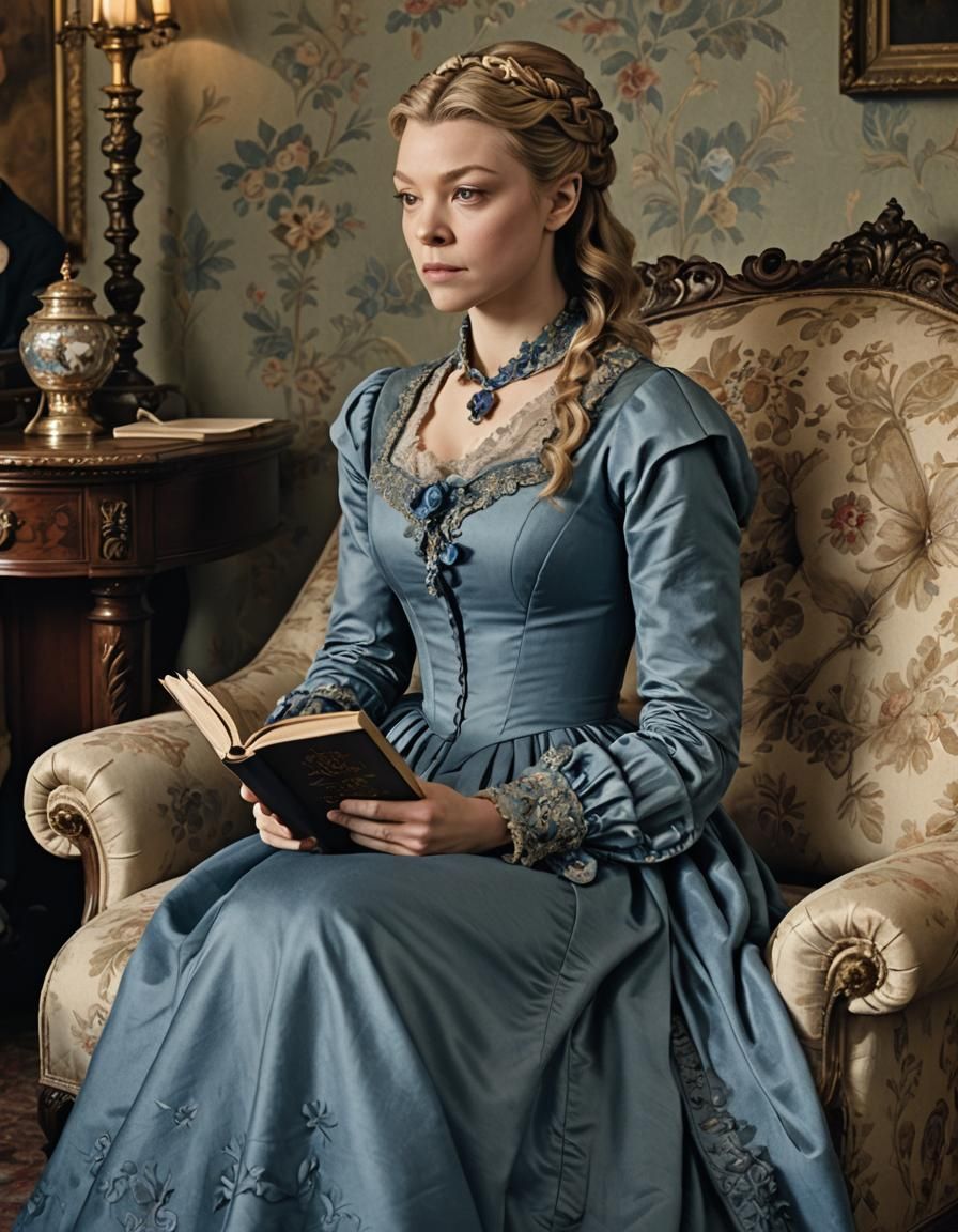 Natalie Dormer in a Blue Victorian Dress sitting on a couch ...