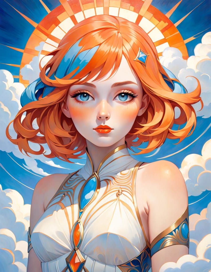 Art Deco Nouveau Woman with Orange Blue Hair