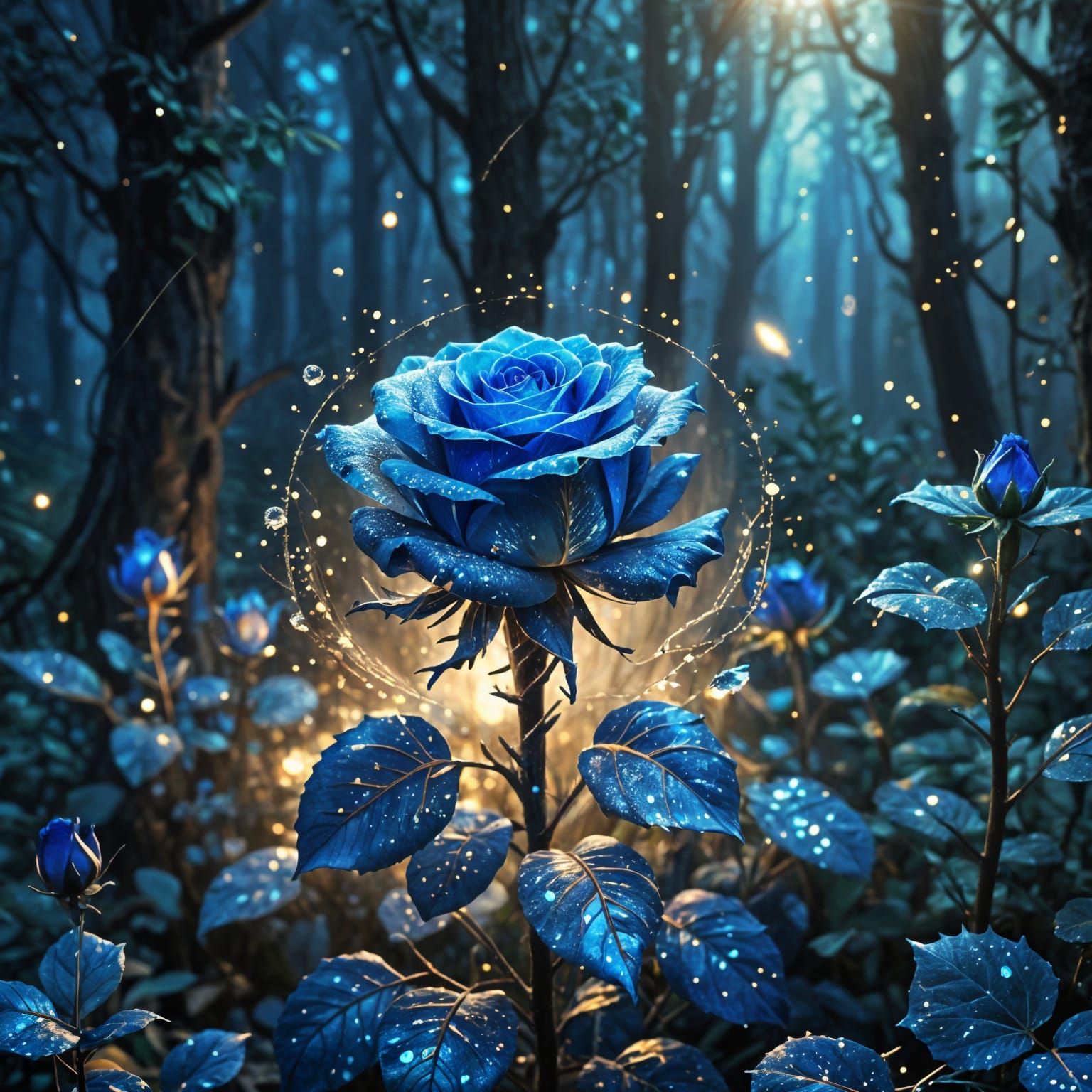 Crystallized Blue Rose in Forest, Blooming
