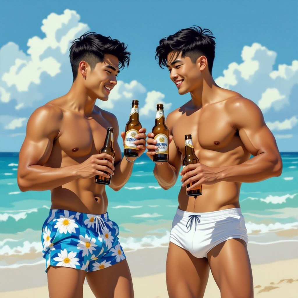 Men Dancing on Beach in Hyperrealistic Style