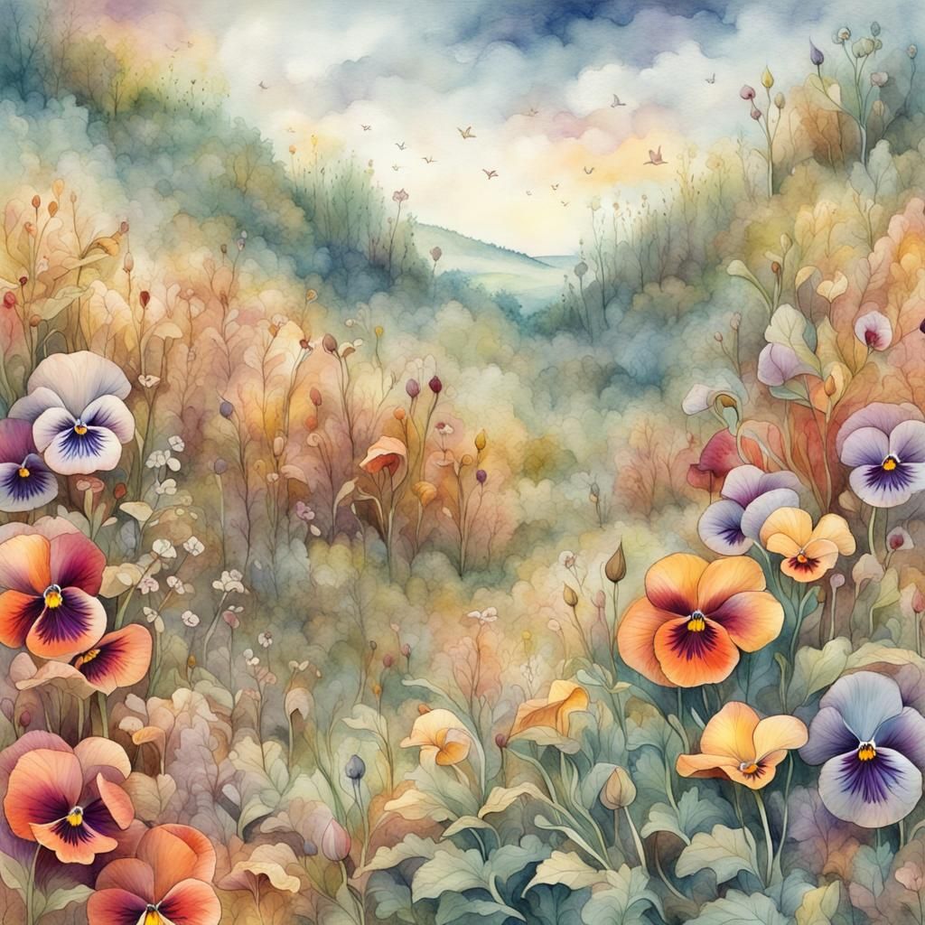 Ethereal Pansy Meadow: A Whimsical Fall Illustration