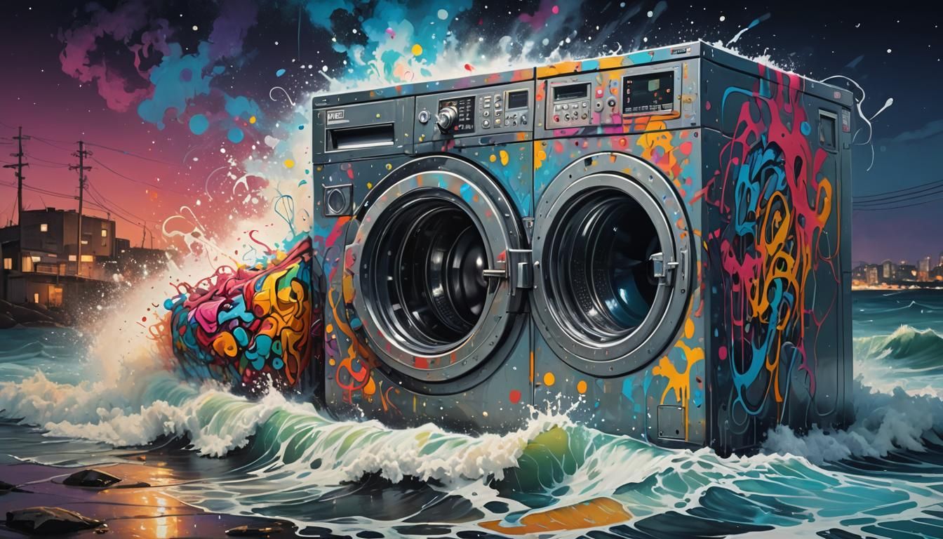 Giant Washing Machine in Ocean: Graffiti Art Style