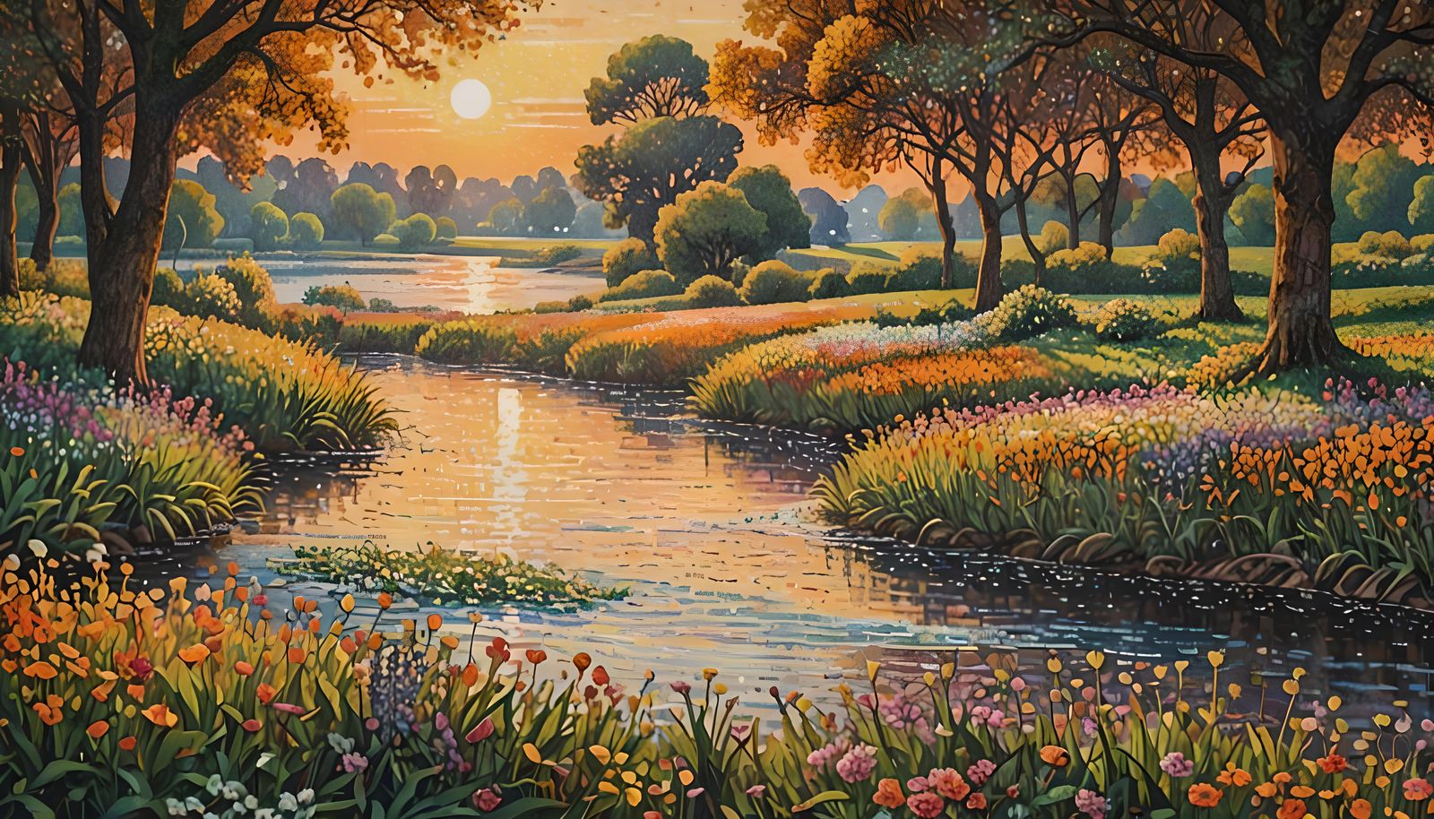 Pointillist Field of Flowers at Dusk