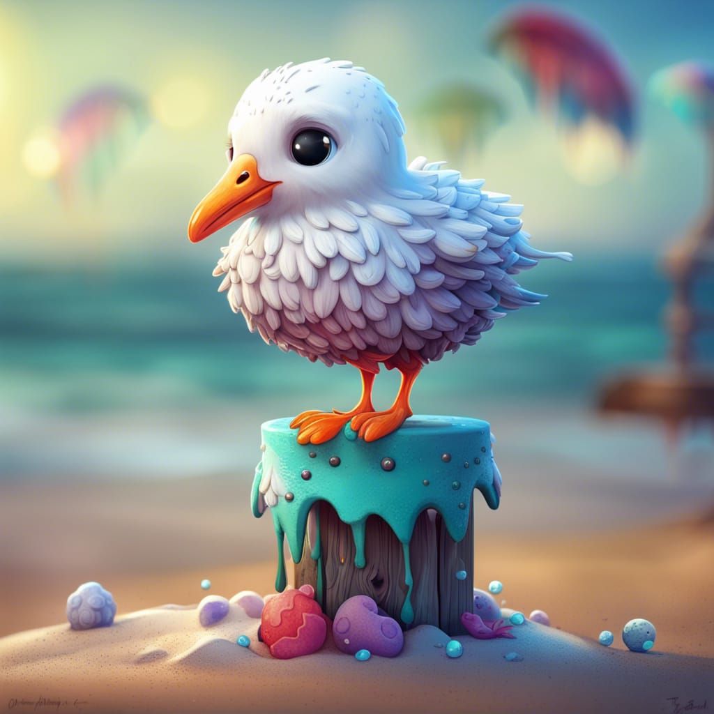 Adorable Chibi Seagull on Beach Post