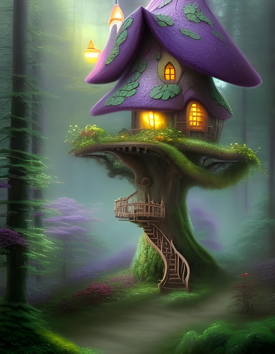 Enchanted Purple Treehouse in Foggy Forest