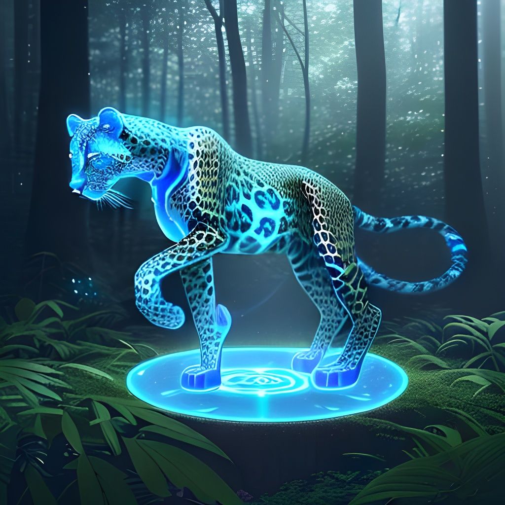 Holographic Amur Leopard in a Forest with Sacred Geometry