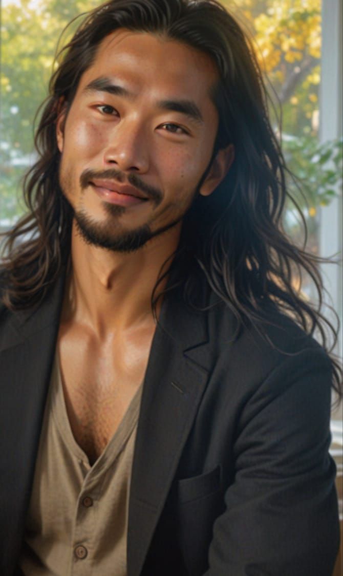 Dashing Asian Gentleman with Wavy Hair and Bright Blue Eyes