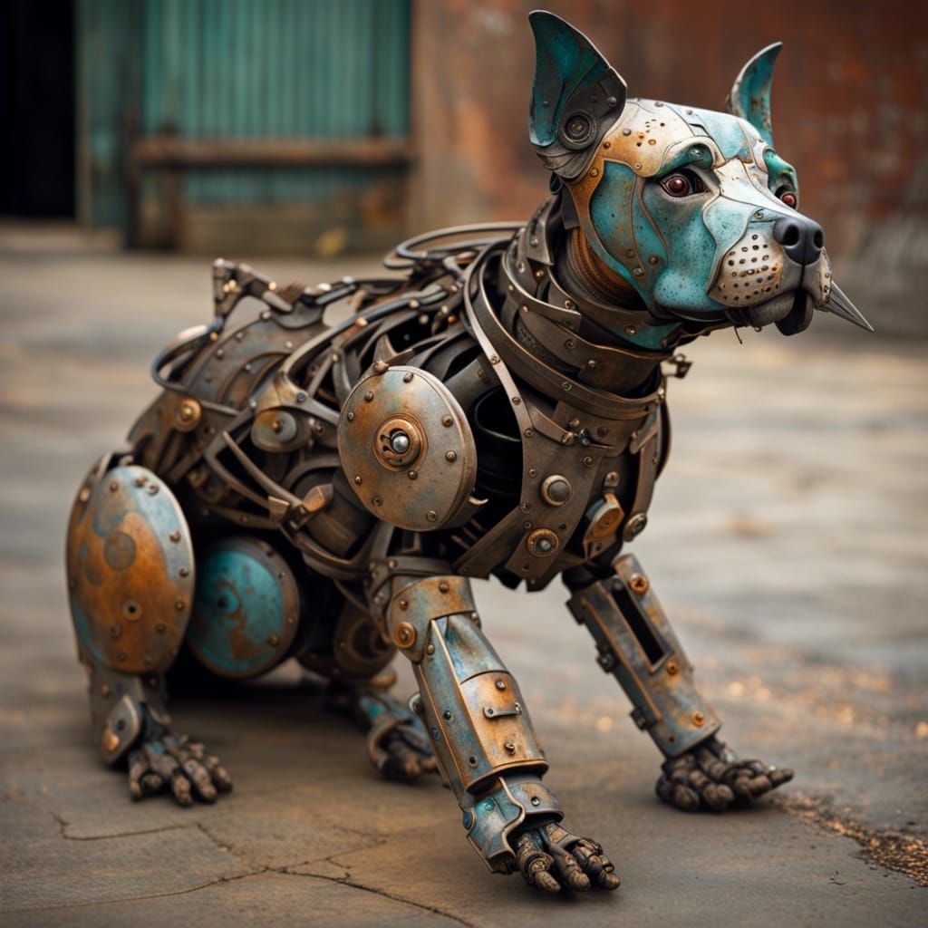 Hyperrealistic Robot Puppy with Cracked Porcelain Face