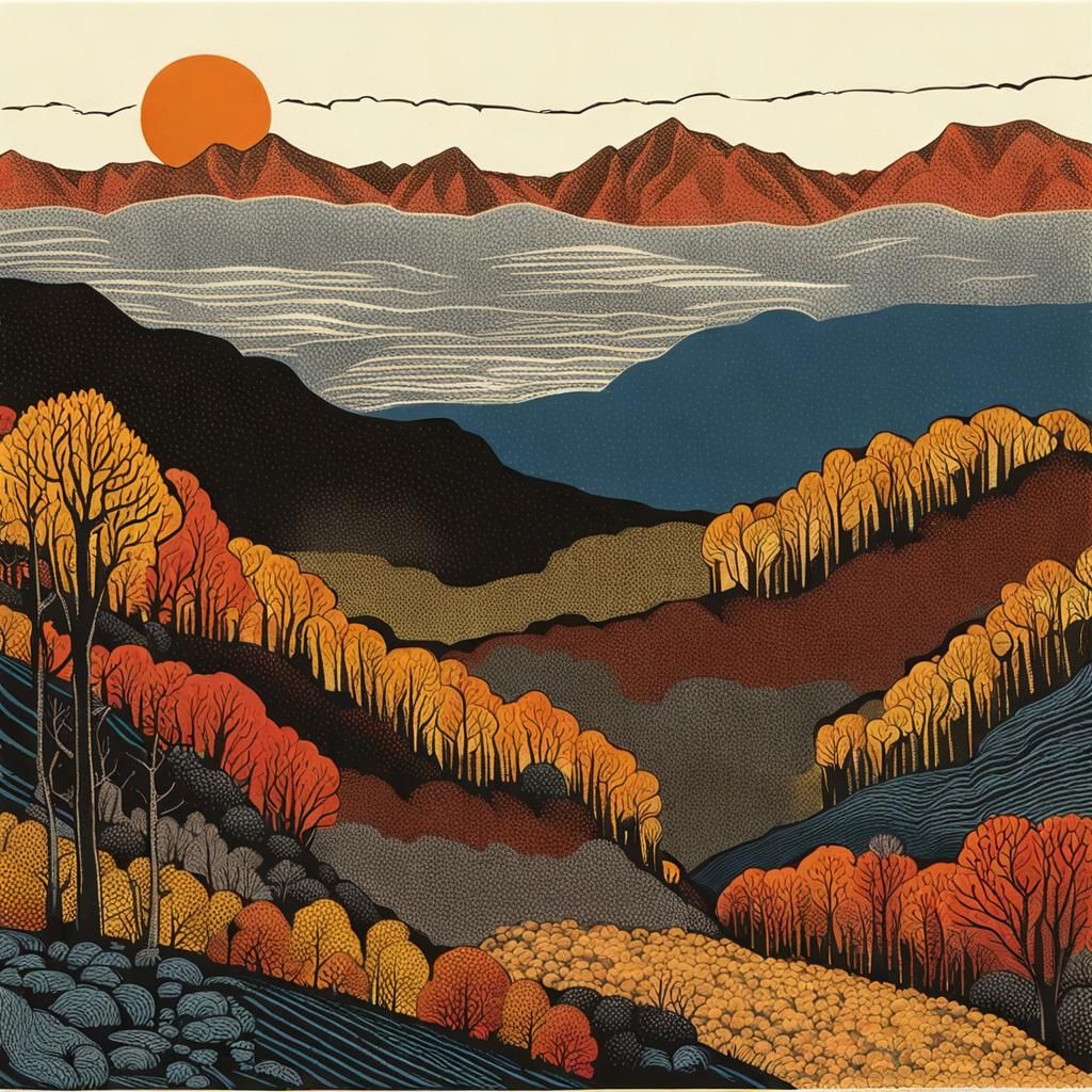 Autumn Forest Landscape in Woodcut Print Style