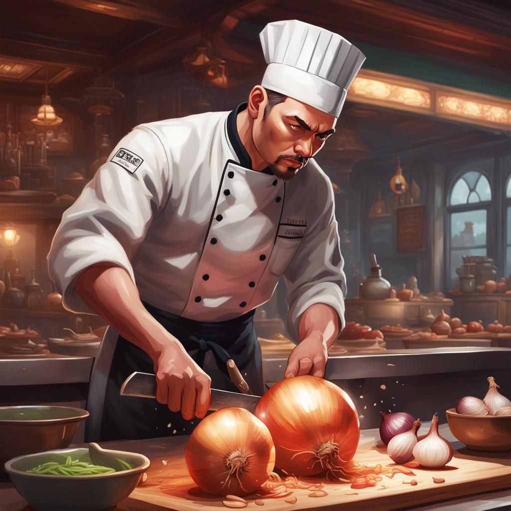 Young Chef Chopping Onion: Hyperdetailed Portrait