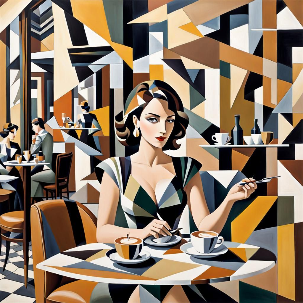 Cubist Woman in Cafe, Geometric Fragmented Art