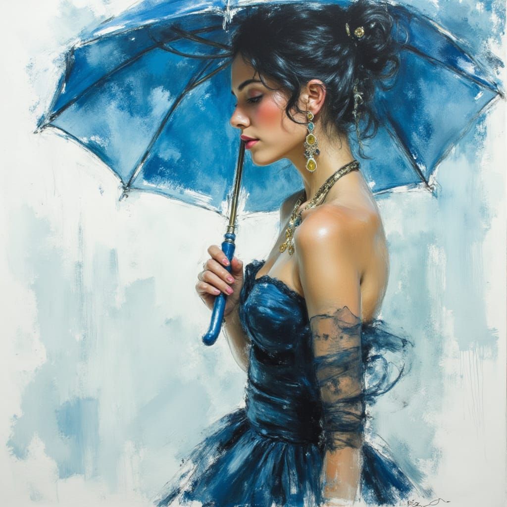 Woman with Blue Umbrella in Timeless Elegance