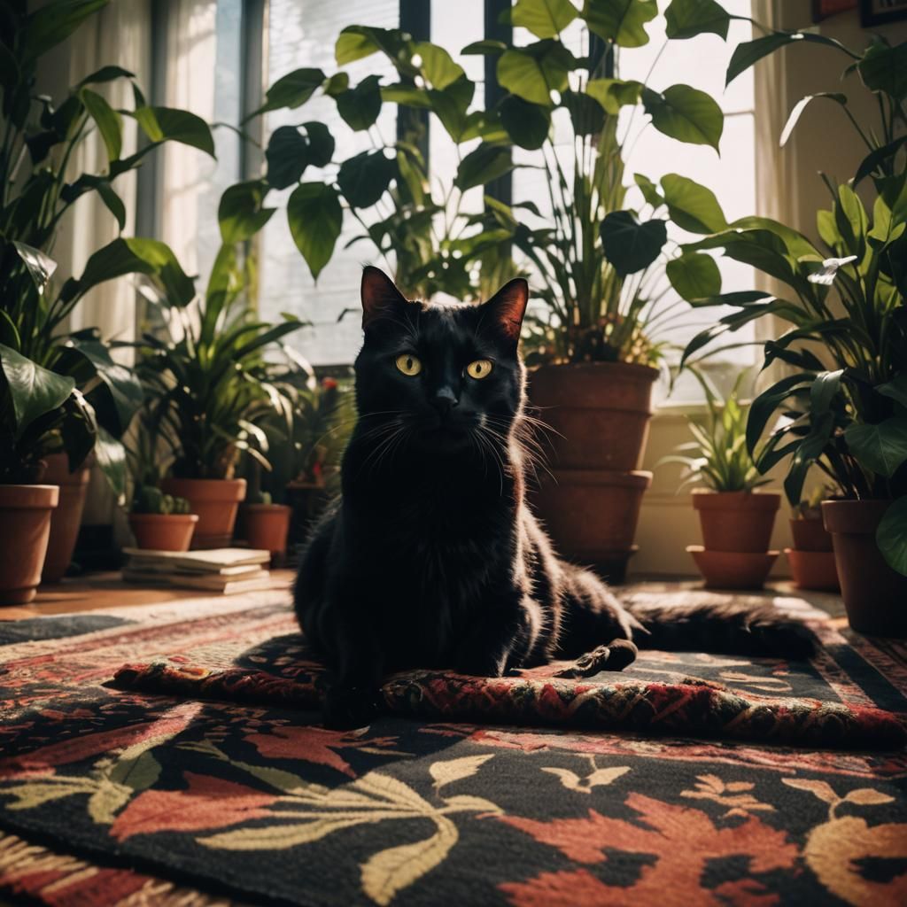 Black Cat Lounging Among Houseplants in Film Noir Style