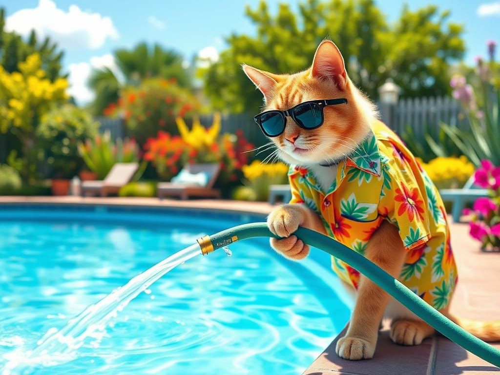 Cat in Hawaiian Shirt Fills Swimming Pool