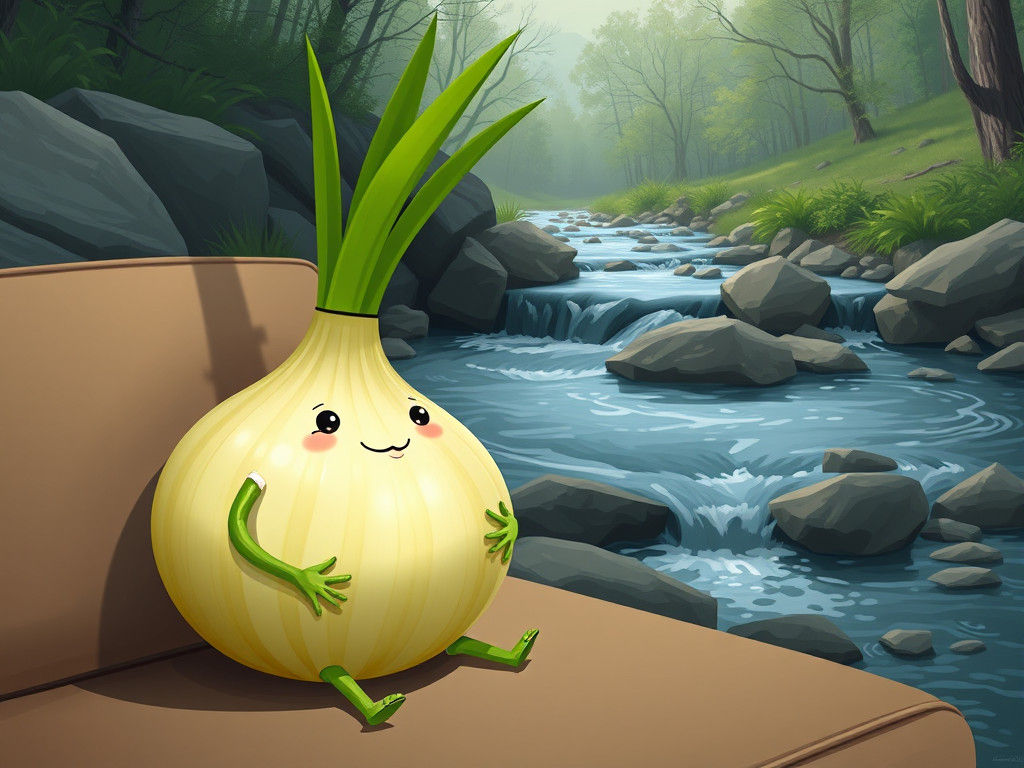 Green Onion Lays Back Beside Bubbling Creek in Relaxing Scen...