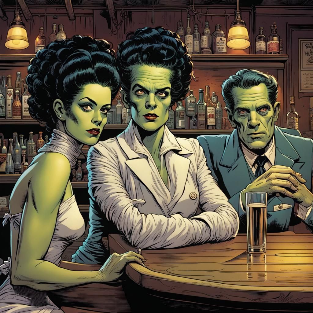 Bride of Frankenstein at Bar, Comic Book Art