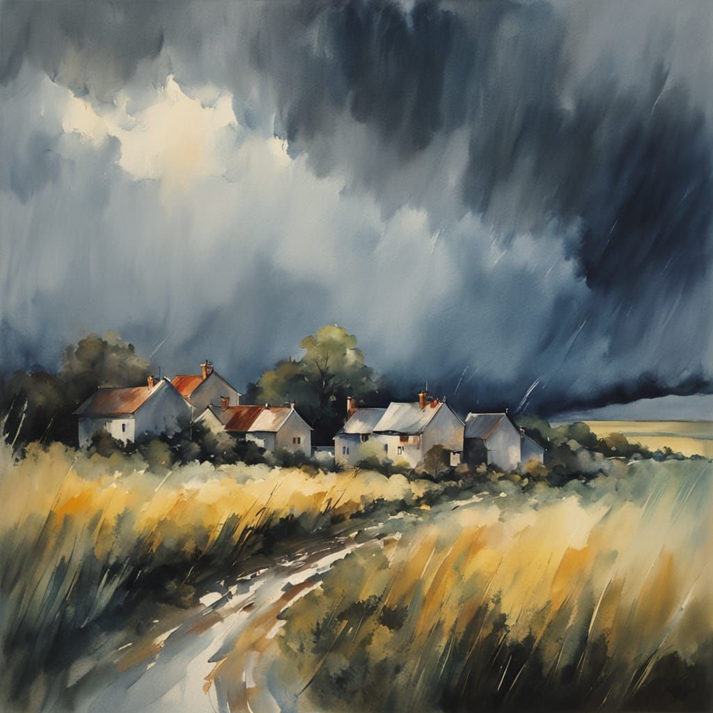 Impressionist Stormy Village Landscape