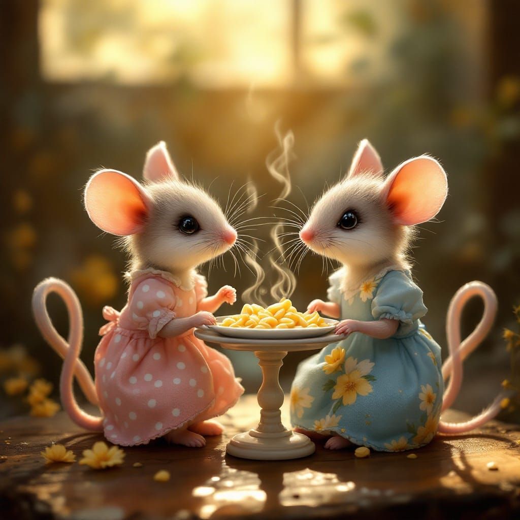 Whimsical Mice Share Macaroni in Delicate Watercolor Style